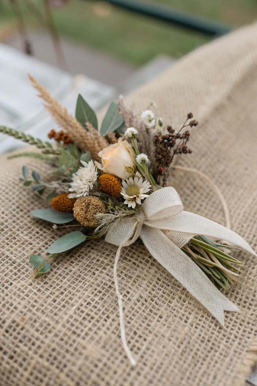 Relaxed bohemian wrist corsage with dried flowers.