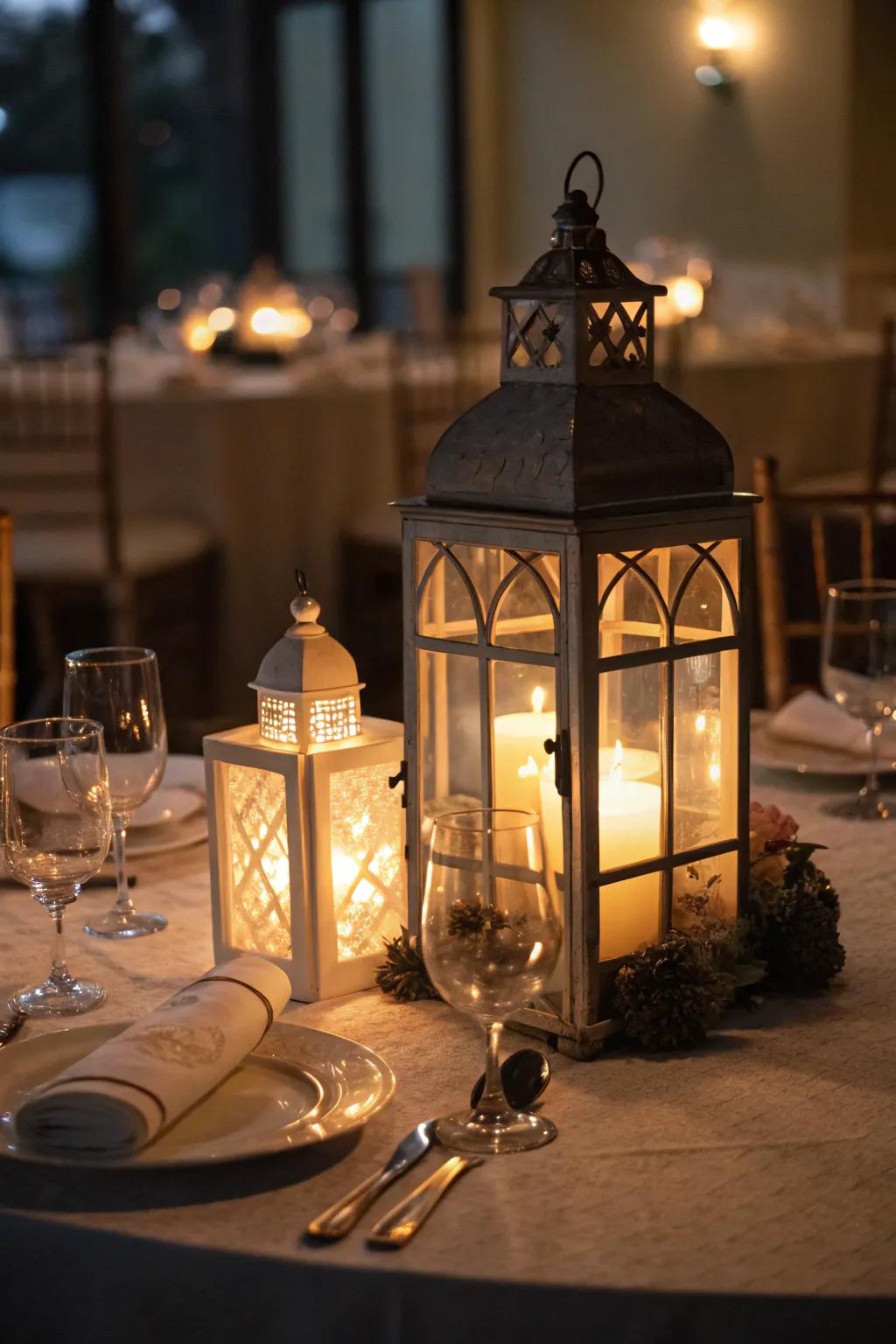 Lantern centerpieces that illuminate the night with charm.