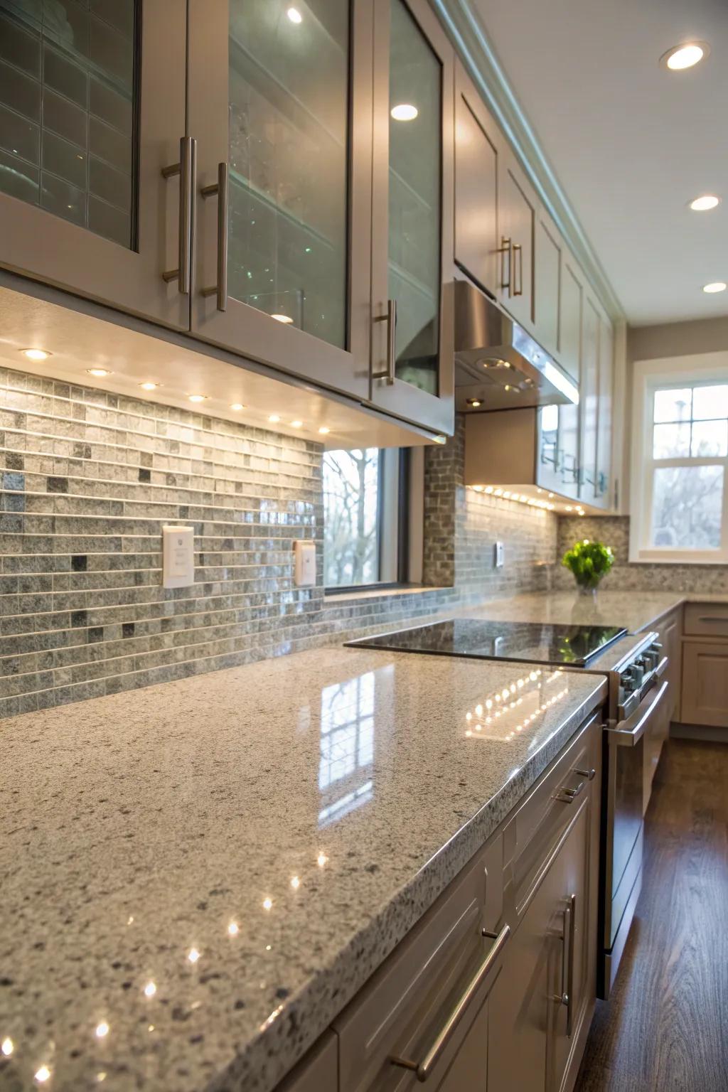 Glass tiles provide a sleek modern touch to granite countertops.