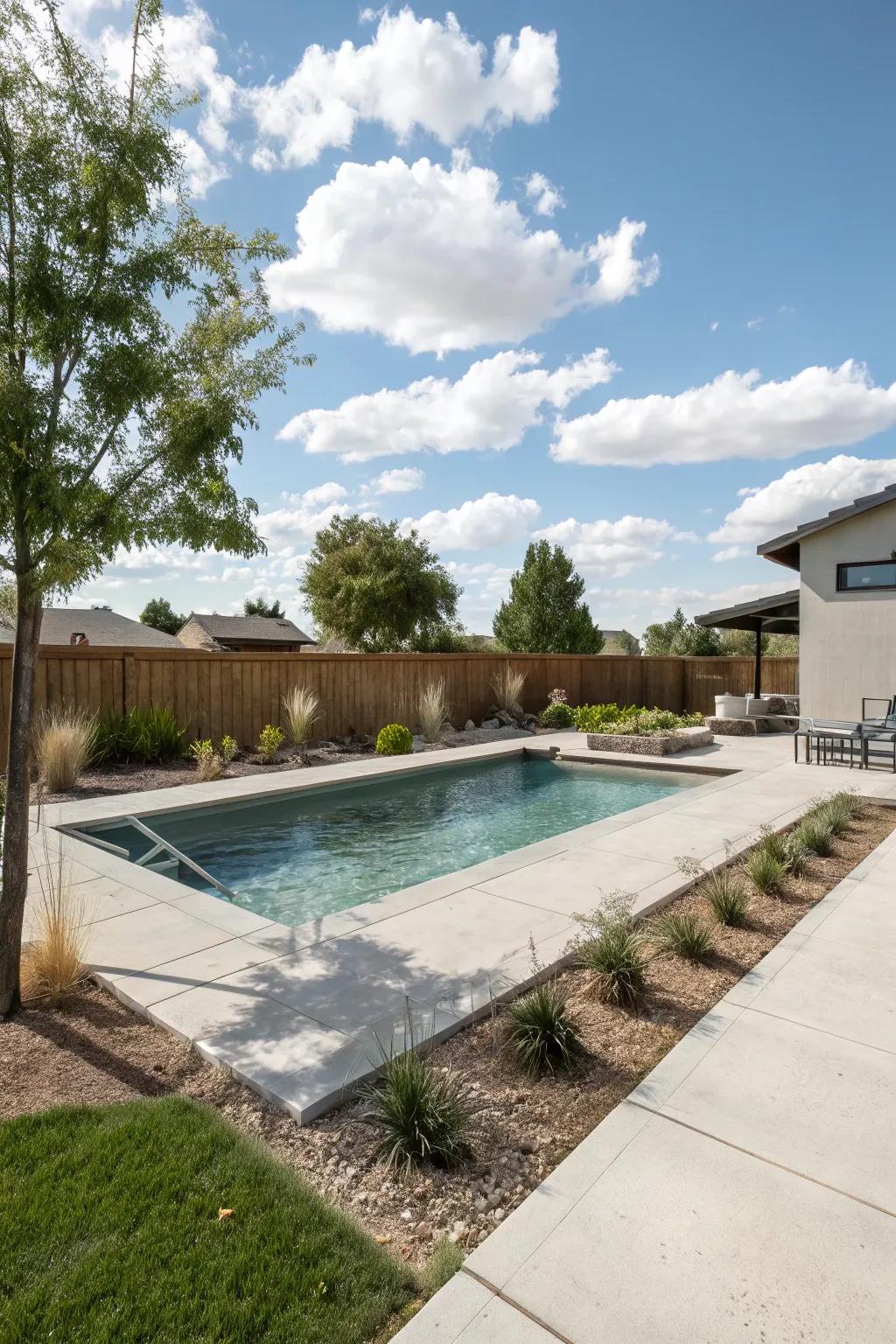 A custom-designed DIY concrete pool in a backyard setting.