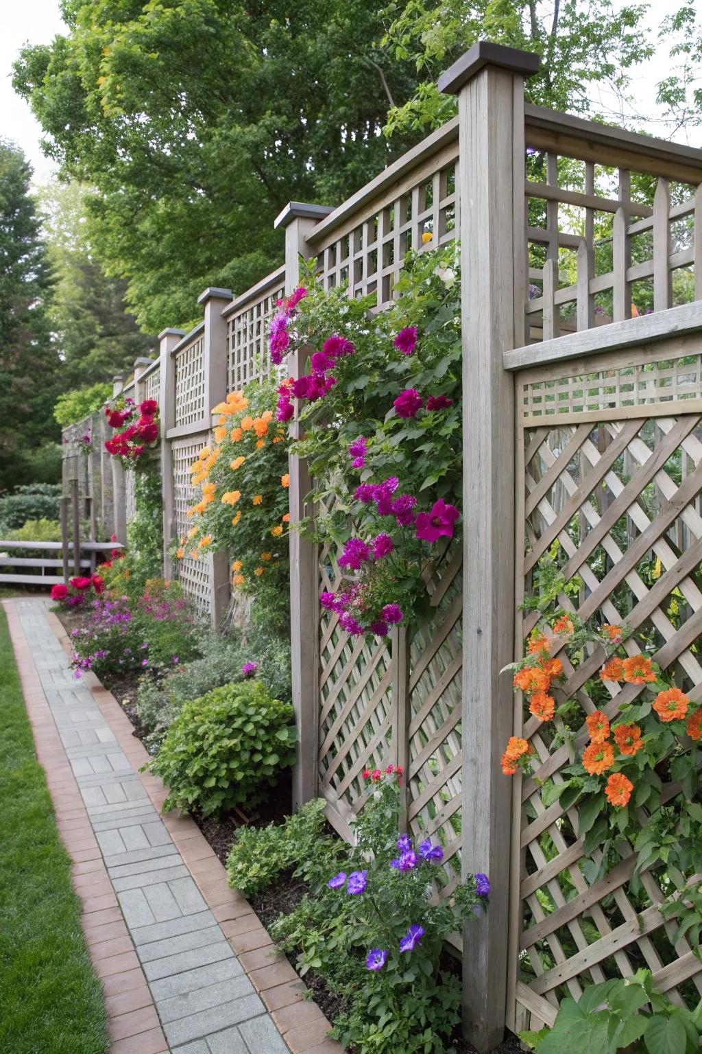 Charming lattice panels adorned with colorful climbing flowers.