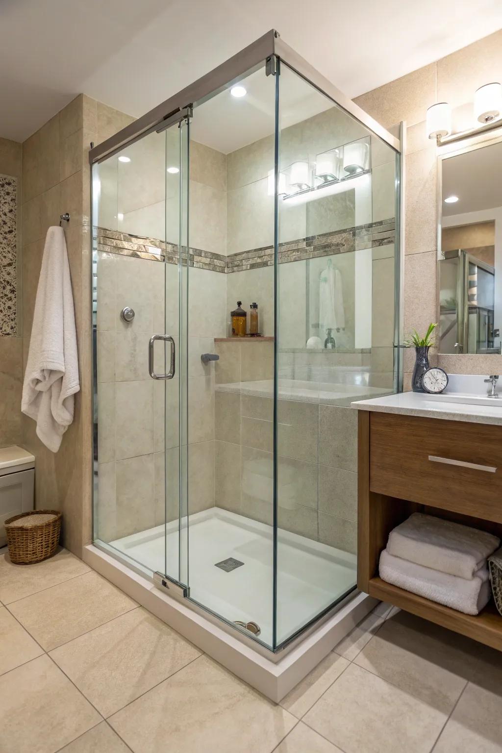 A bathroom with a clear glass shower door offering no privacy.