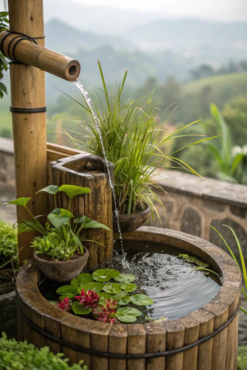 A flourishing bamboo fountain showcasing vibrant botanicals.