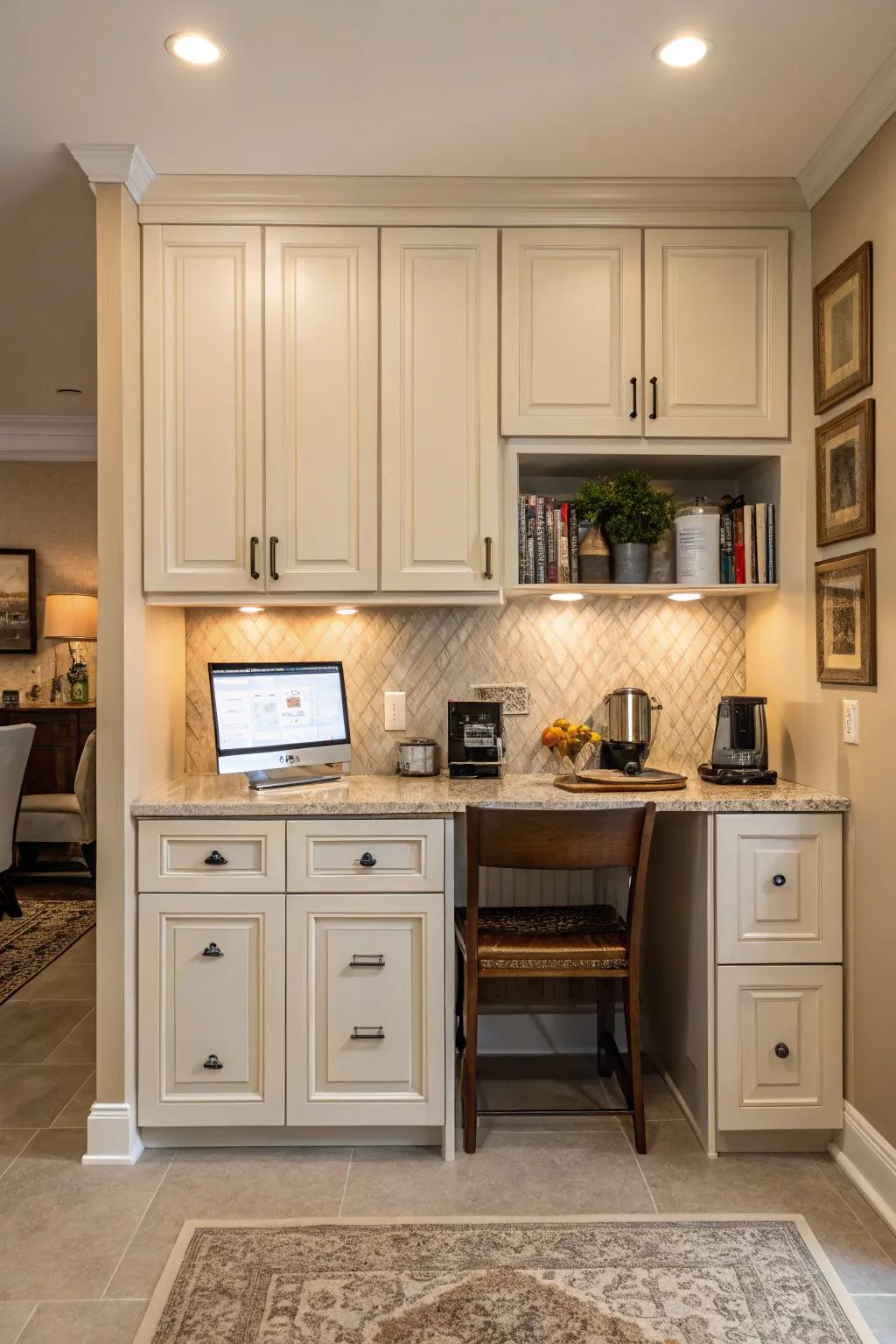 Hidden workspaces keep kitchens looking neat.