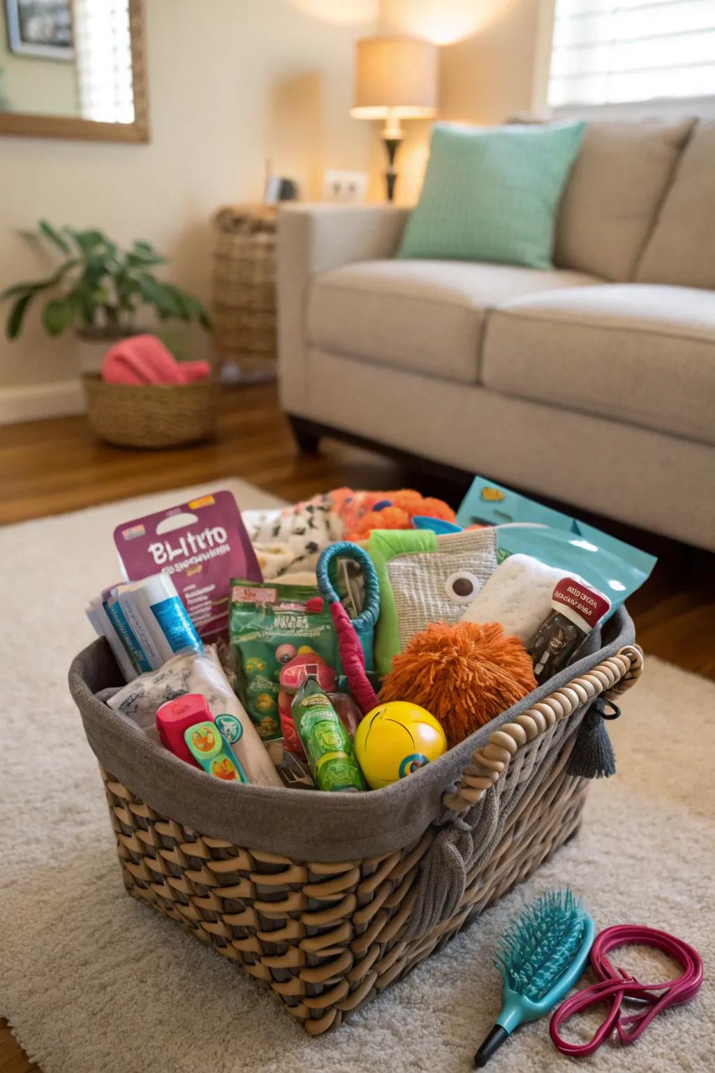 Pamper pets with a dedicated basket of goodies.