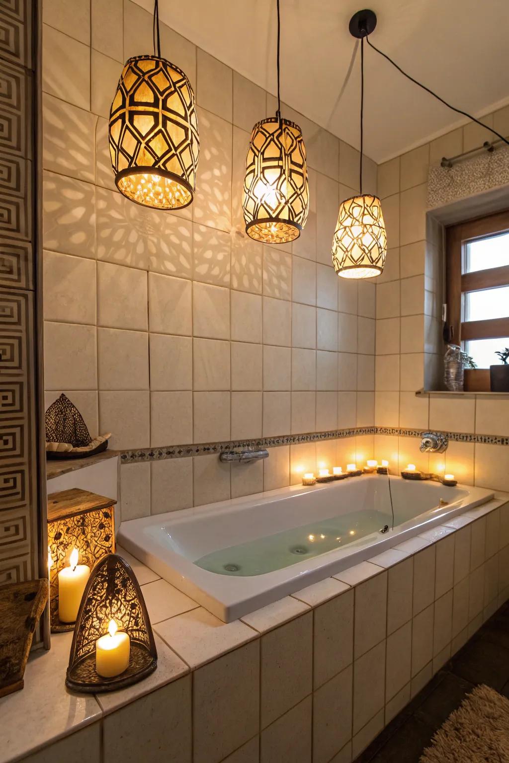 Innovative lighting enhances the ambiance around the bathtub.