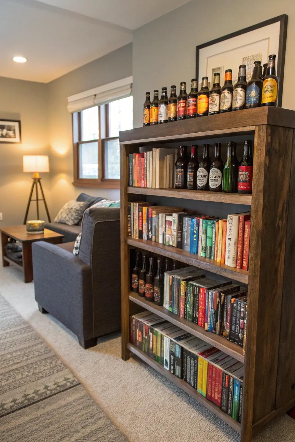 A repurposed bookshelf in the living room displaying beer bottles.