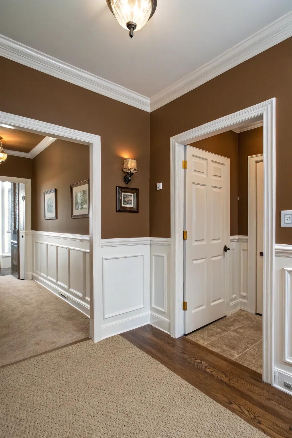 A fresh and sophisticated contrast with brown walls and white trim.