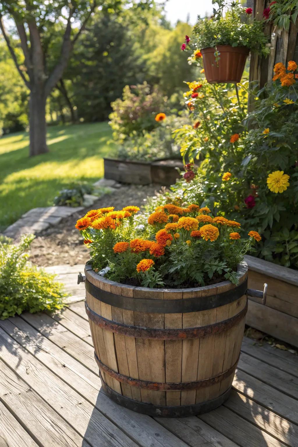 Bright marigolds adding a cheerful touch to a whiskey barrel.