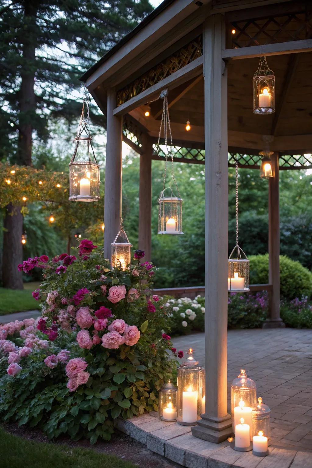 Hanging candles produce a romantic and intimate ambiance.