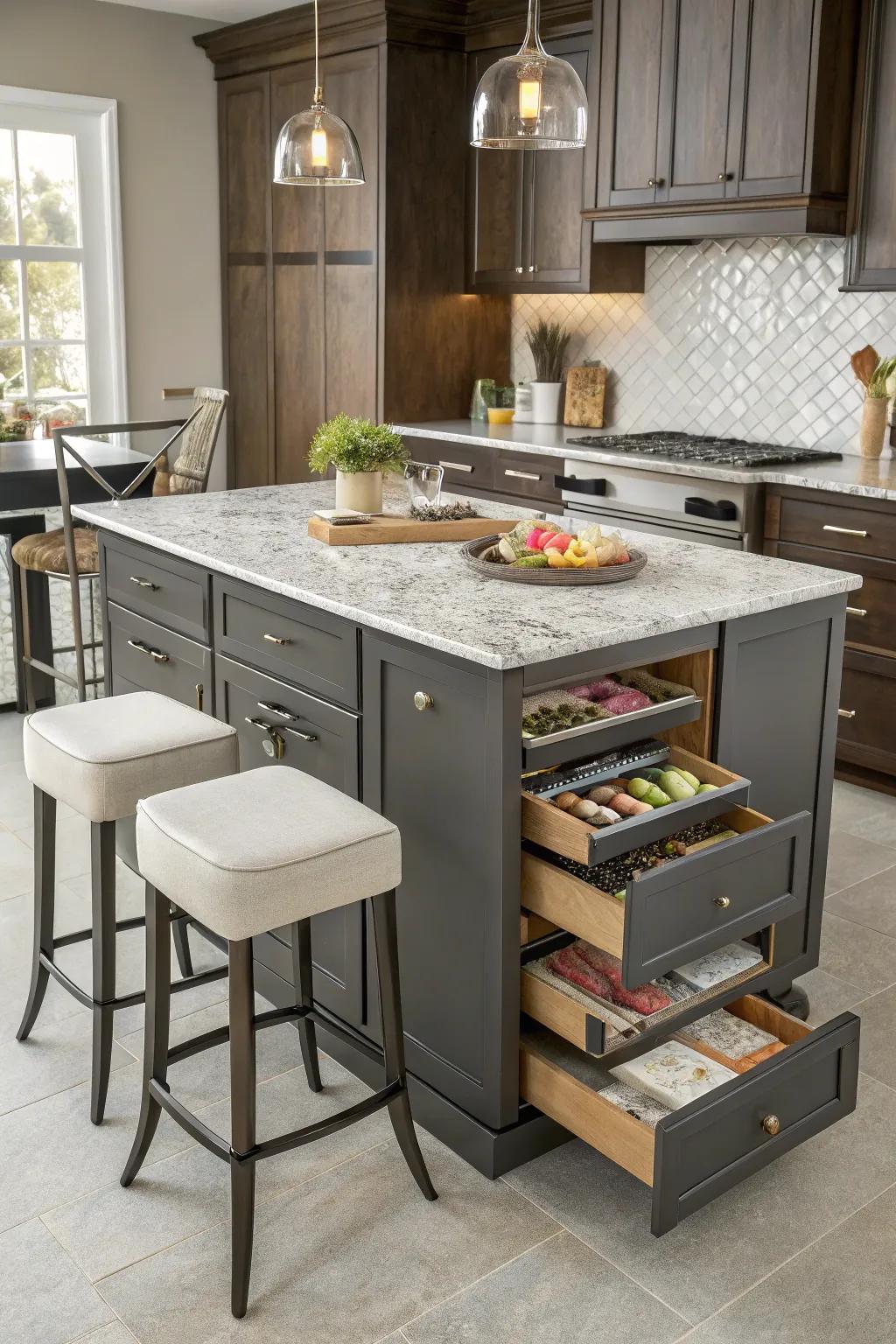 A multi-functional island maximizes utility in the kitchen.