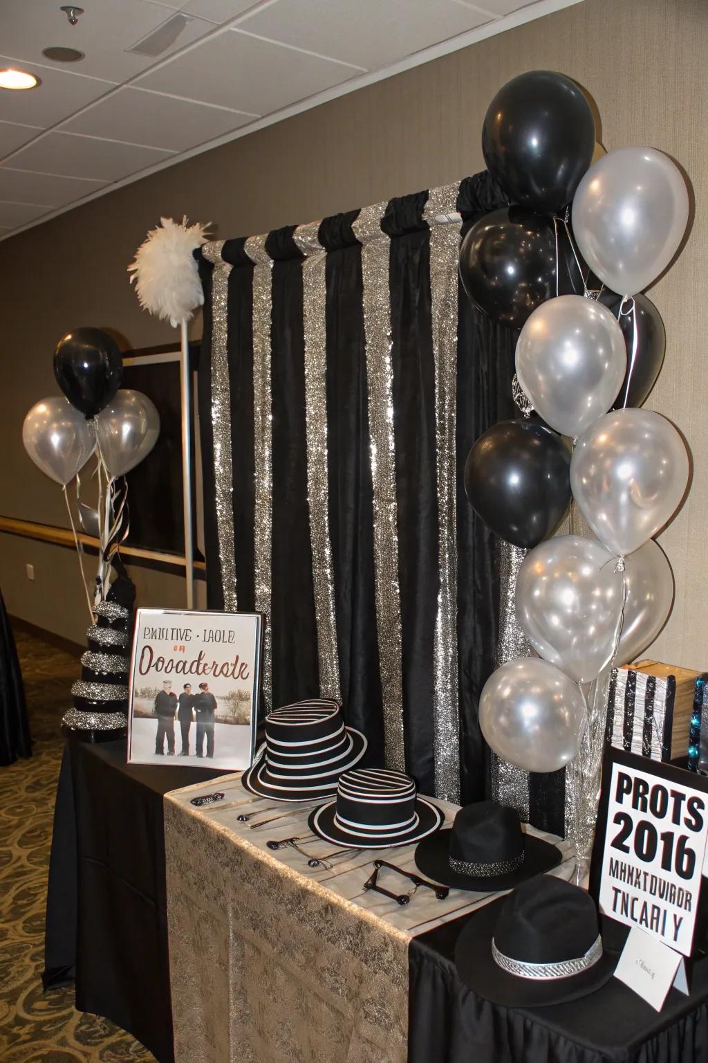 A glamorous photo booth setup with themed props.