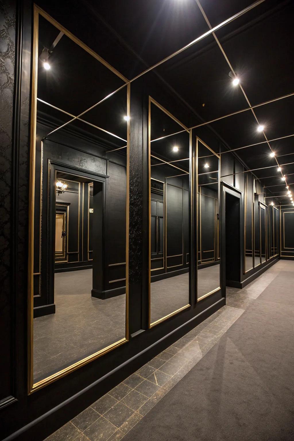 Mirrors strategically placed to expand and brighten a black room.