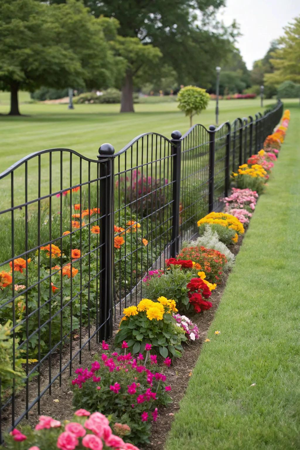 Accentuate your garden's beauty with a black wire fence border.