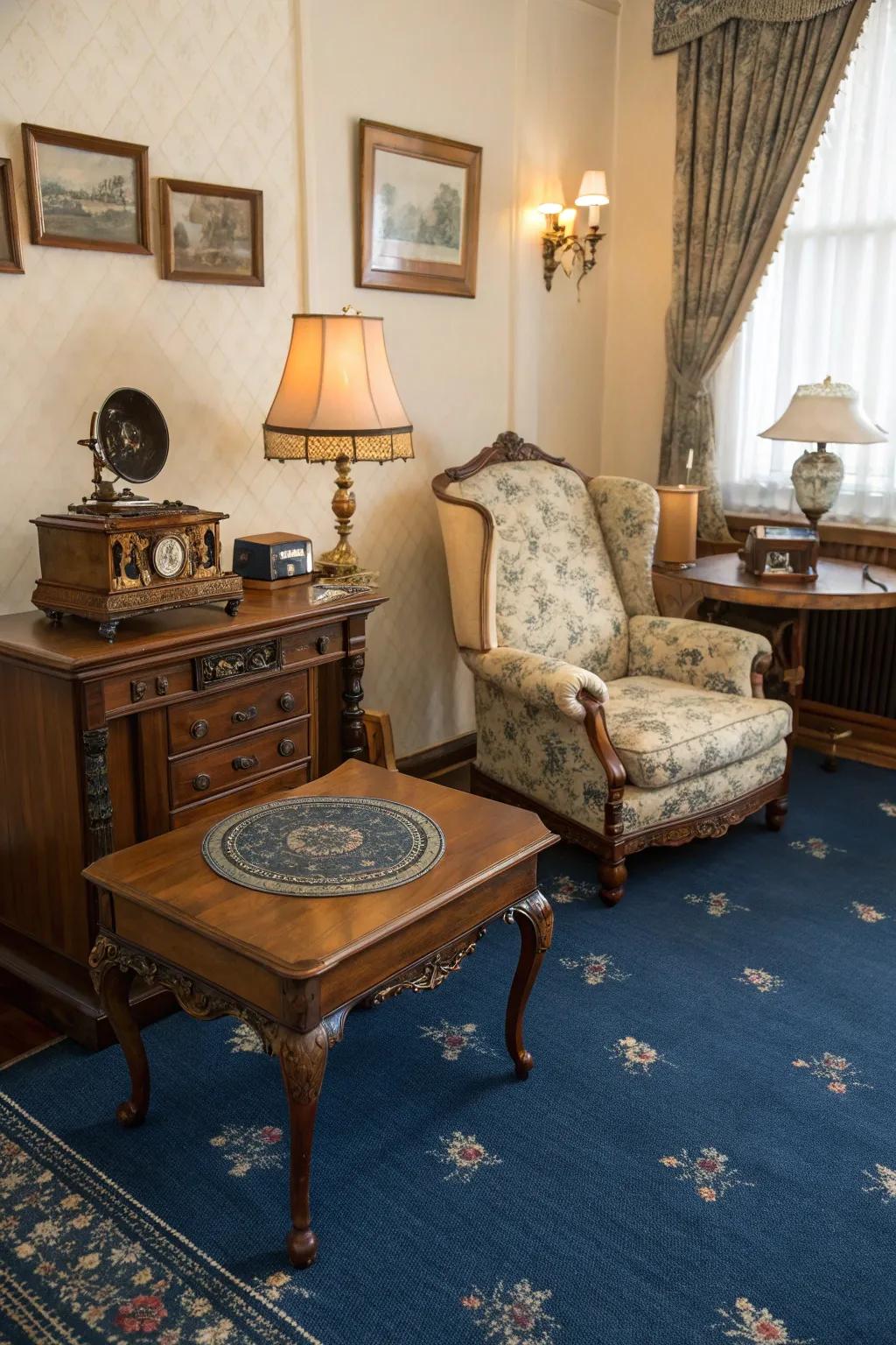 Vintage furnishings and an azure carpet amalgamate for a nostalgic, ageless aesthetic.