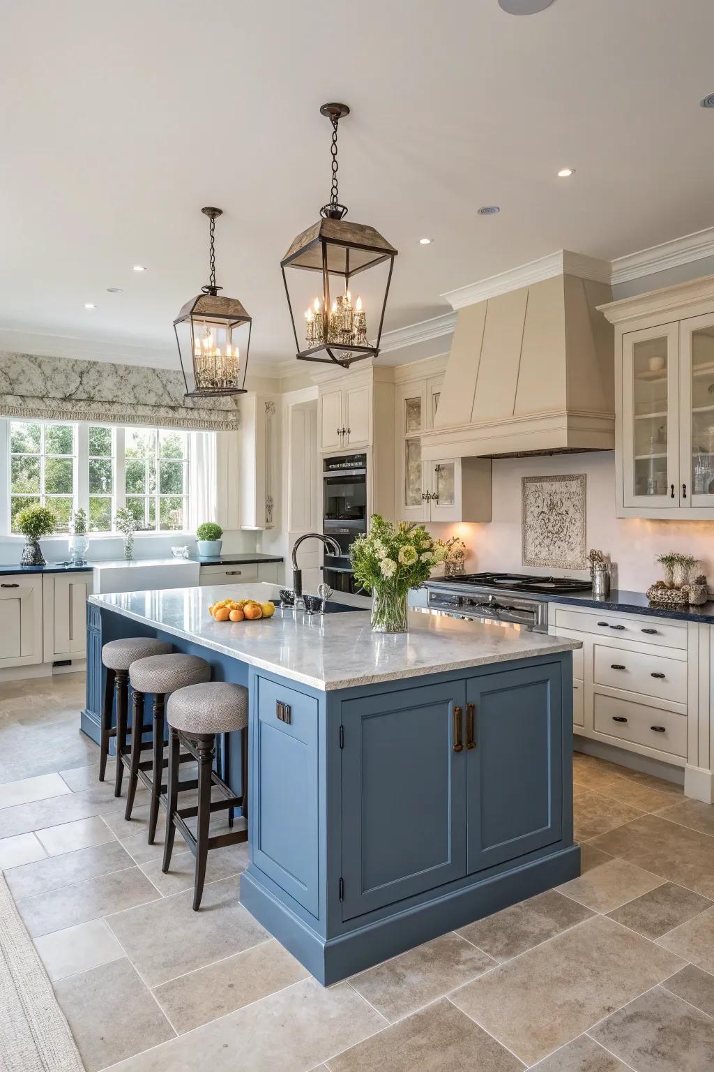 The blue island anchors this open-space kitchen beautifully.