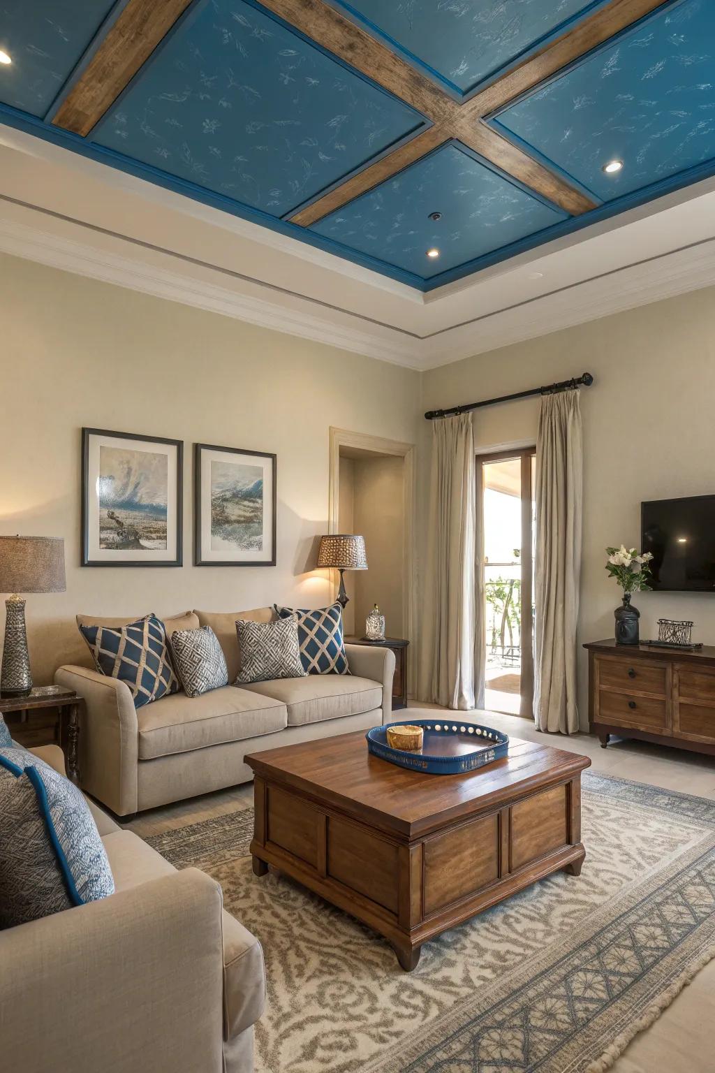 A blue ceiling adds an element of surprise and elegance to this contemporary living room.