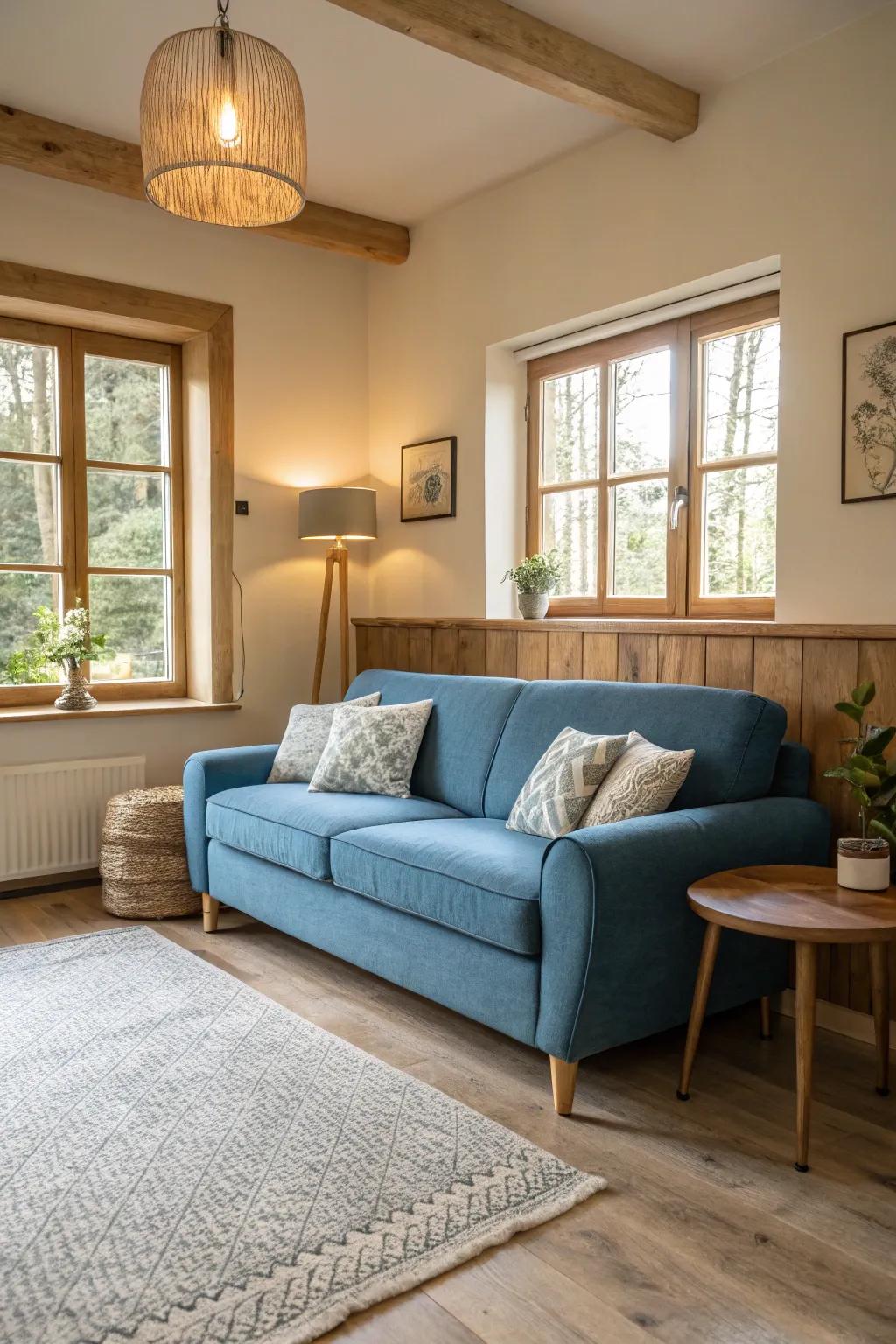 A blue settee is complemented beautifully by light wood details.