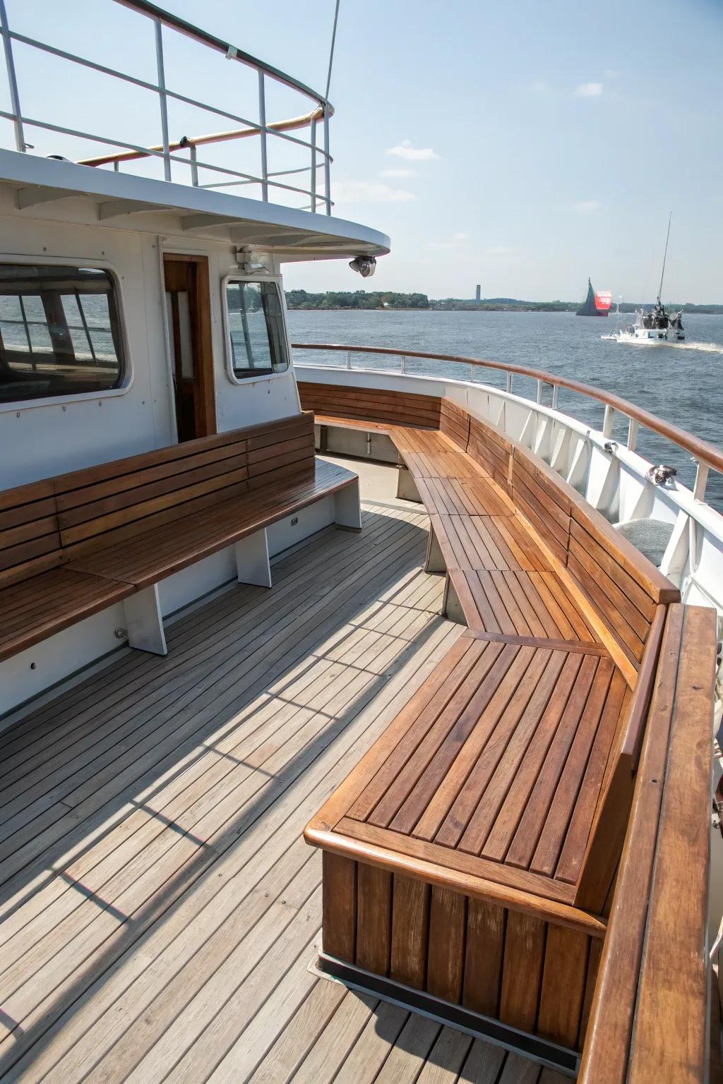 Encircling settles featuring stowage on a vessel deck.