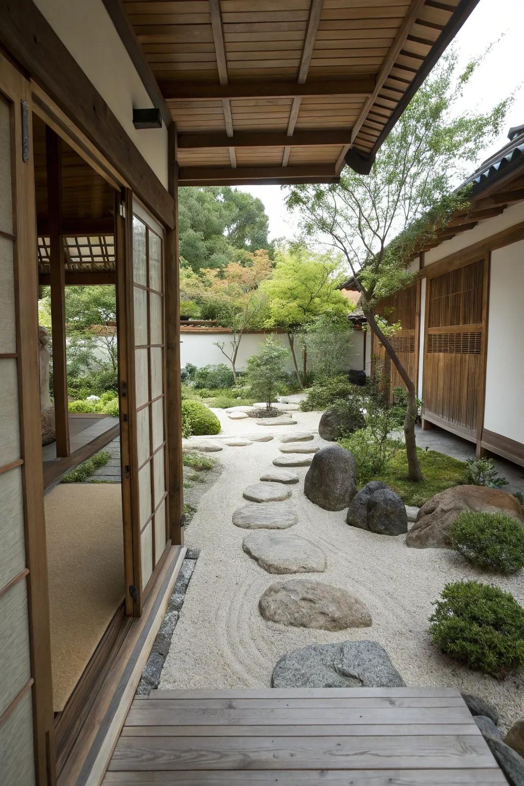 A Japanese Zen garden breezeway that promotes serenity and reflection.