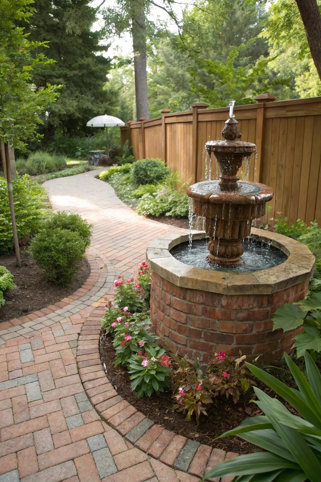 Water features integrated with brick designs create a tranquil atmosphere.