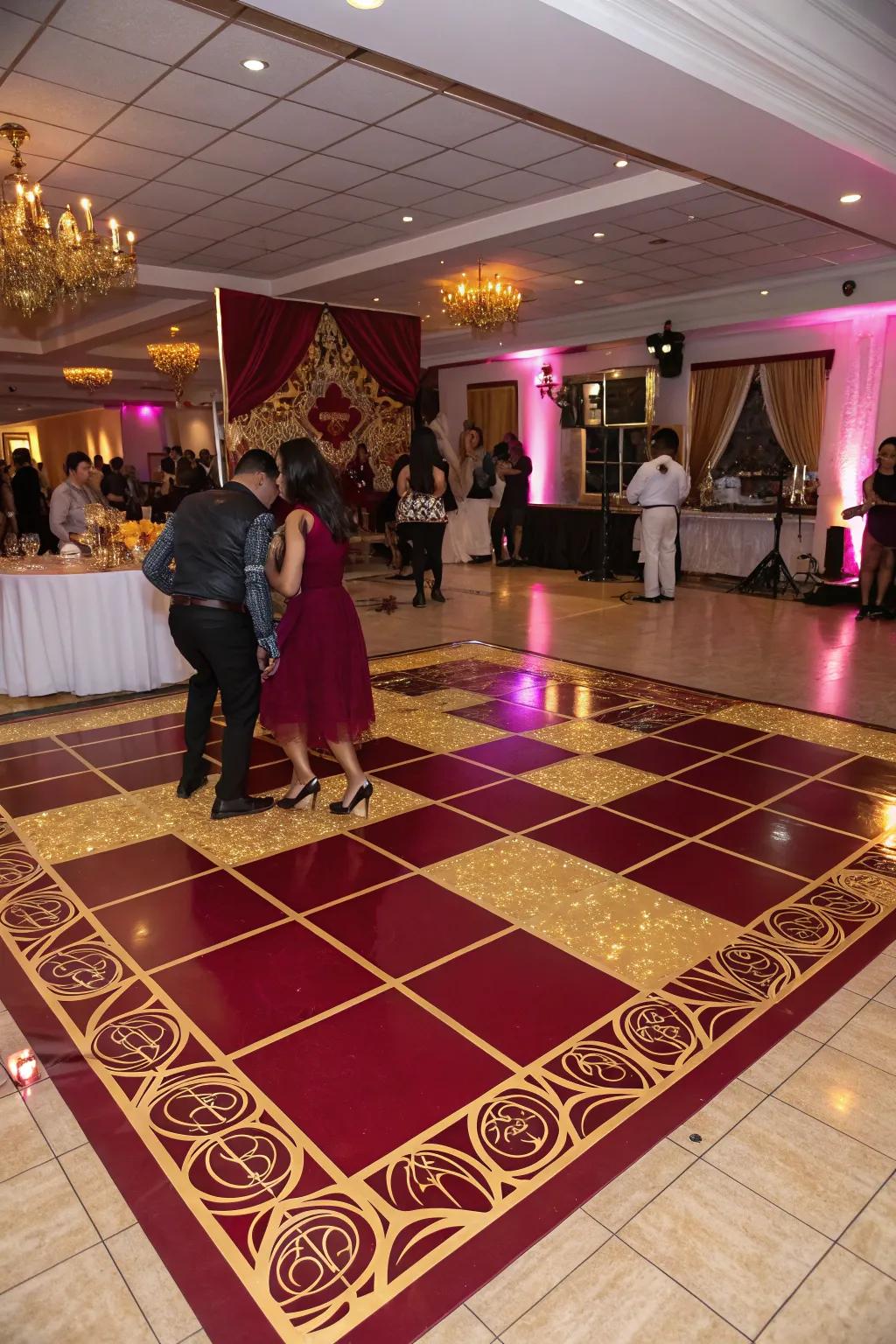 A burgundy and gold dance floor becomes the evening's centerpiece.