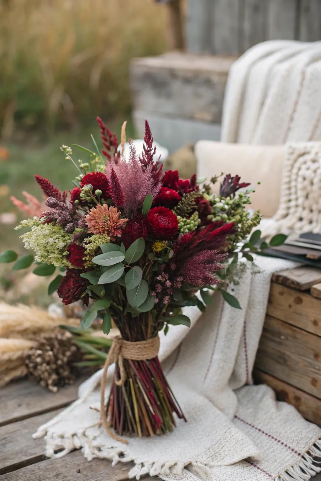 Bohemian burgundy bouquet with dried flowers.