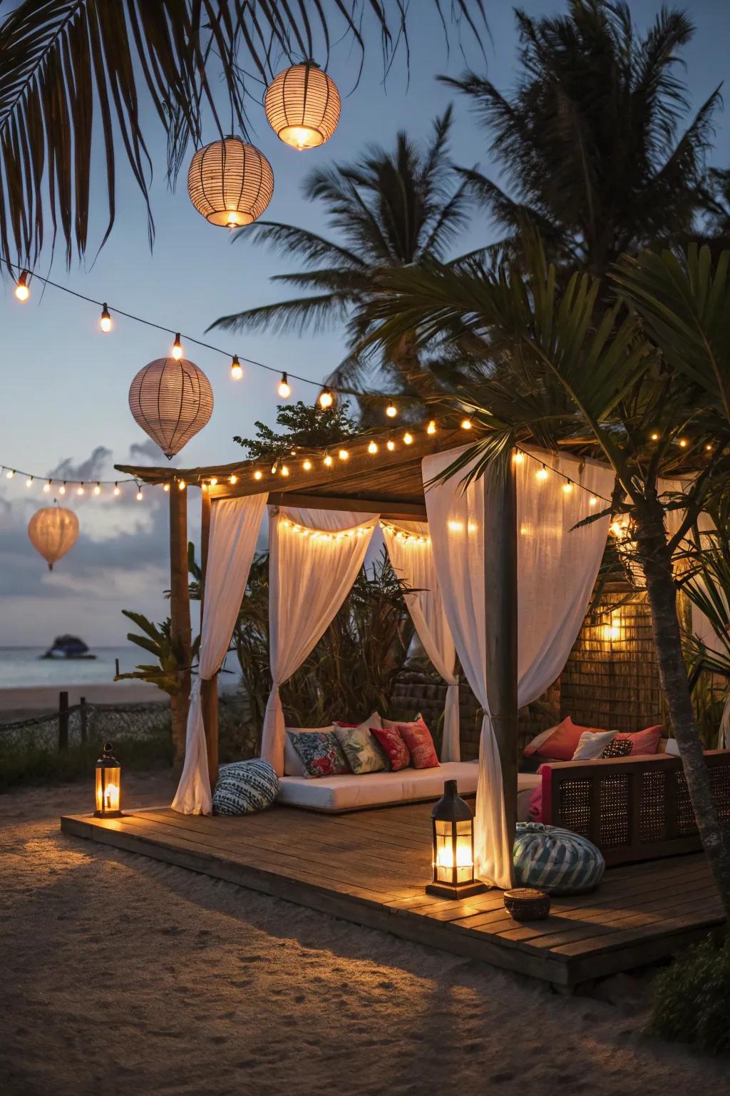 Enchanting cabana with decorative lighting for ambiance.