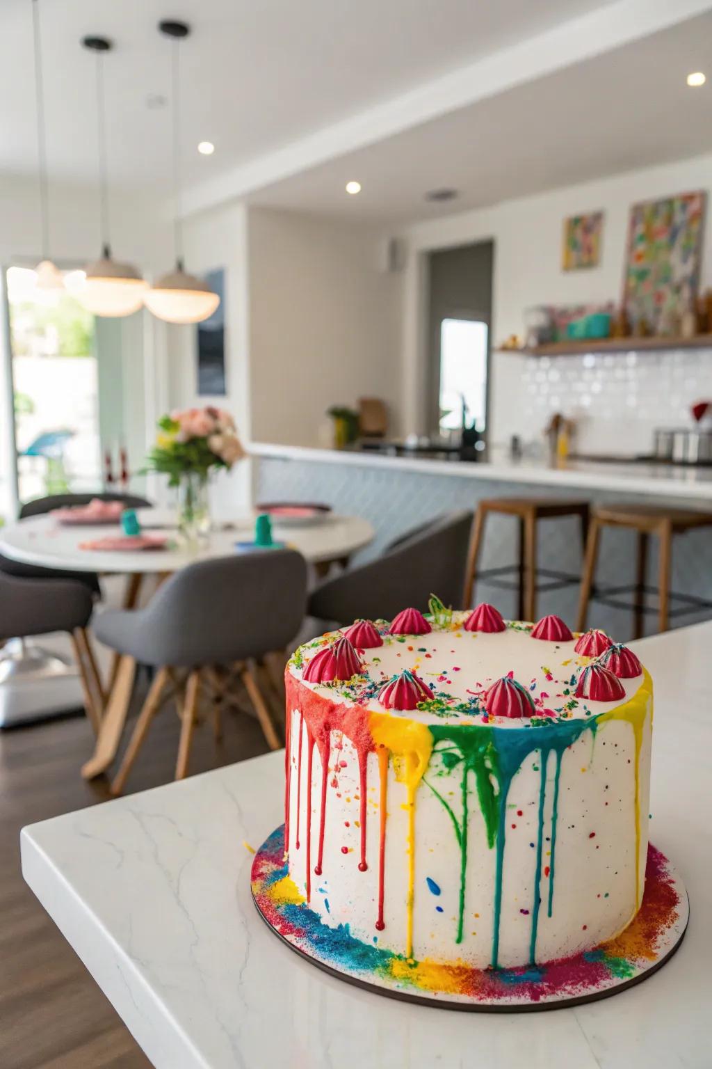 Modern and fun edible paint splatter on a buttercream cake