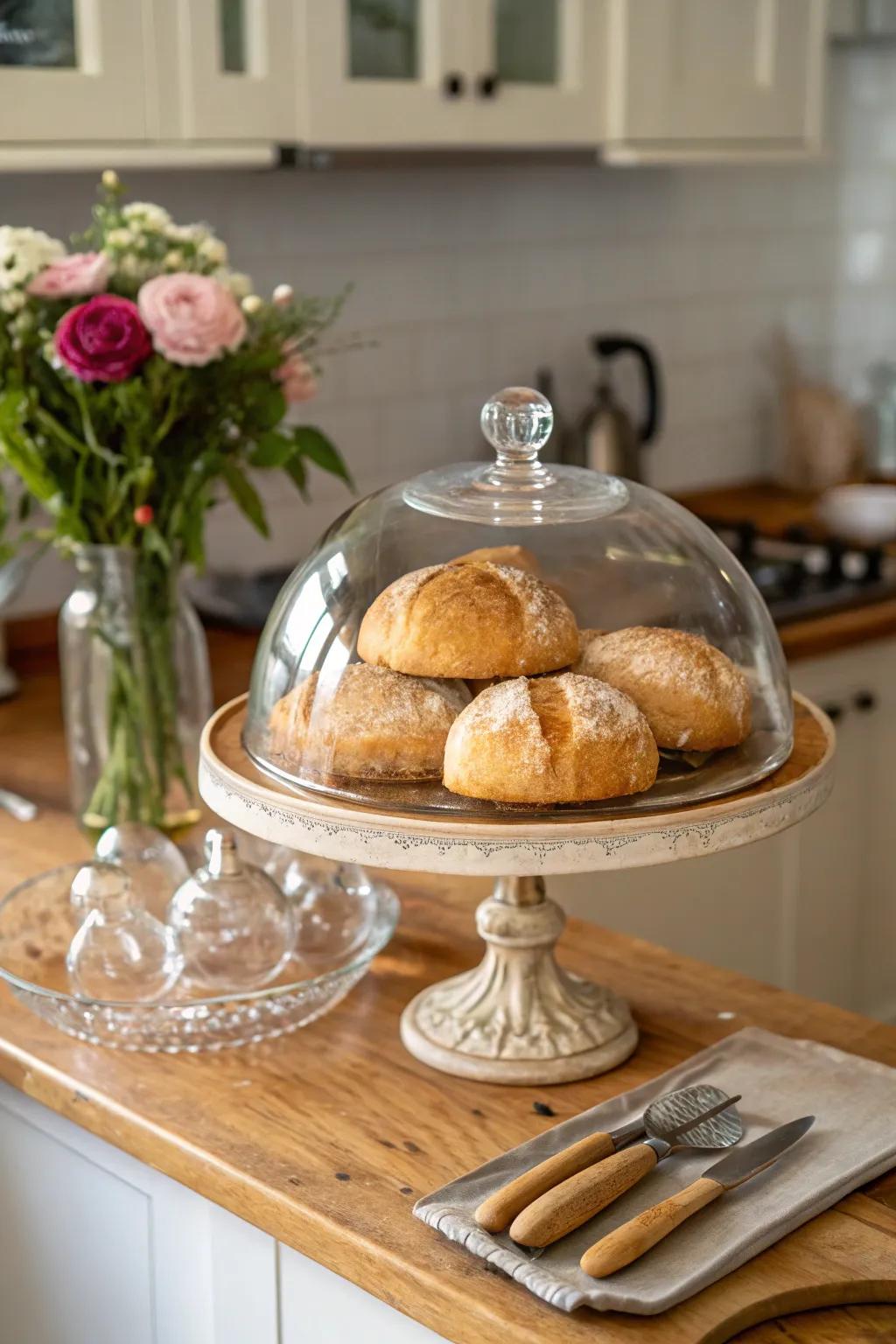 Transform everyday kitchen constituents into a centerpiece via a glass dome.