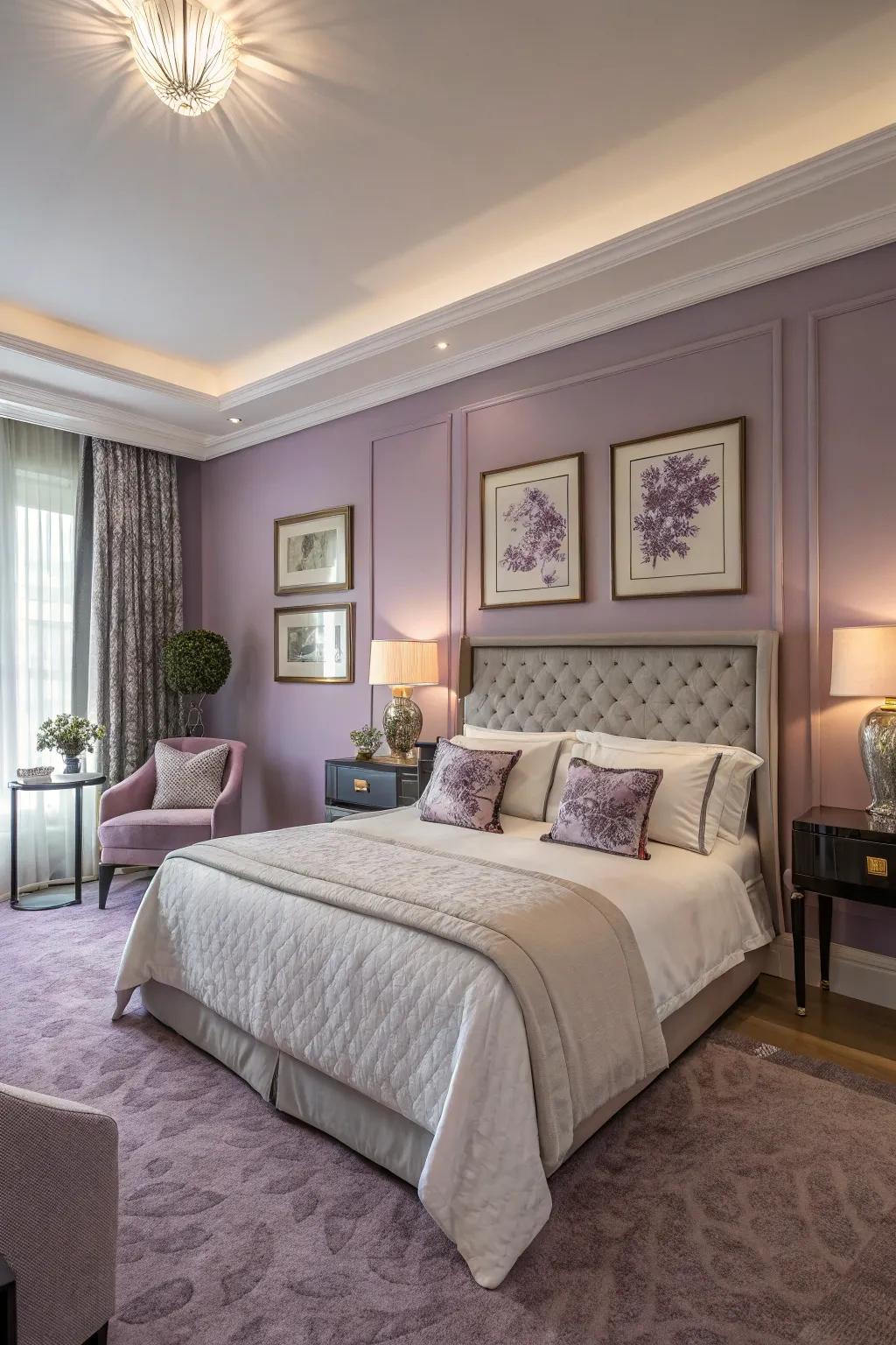 Lilac walls add subtle elegance and serenity.