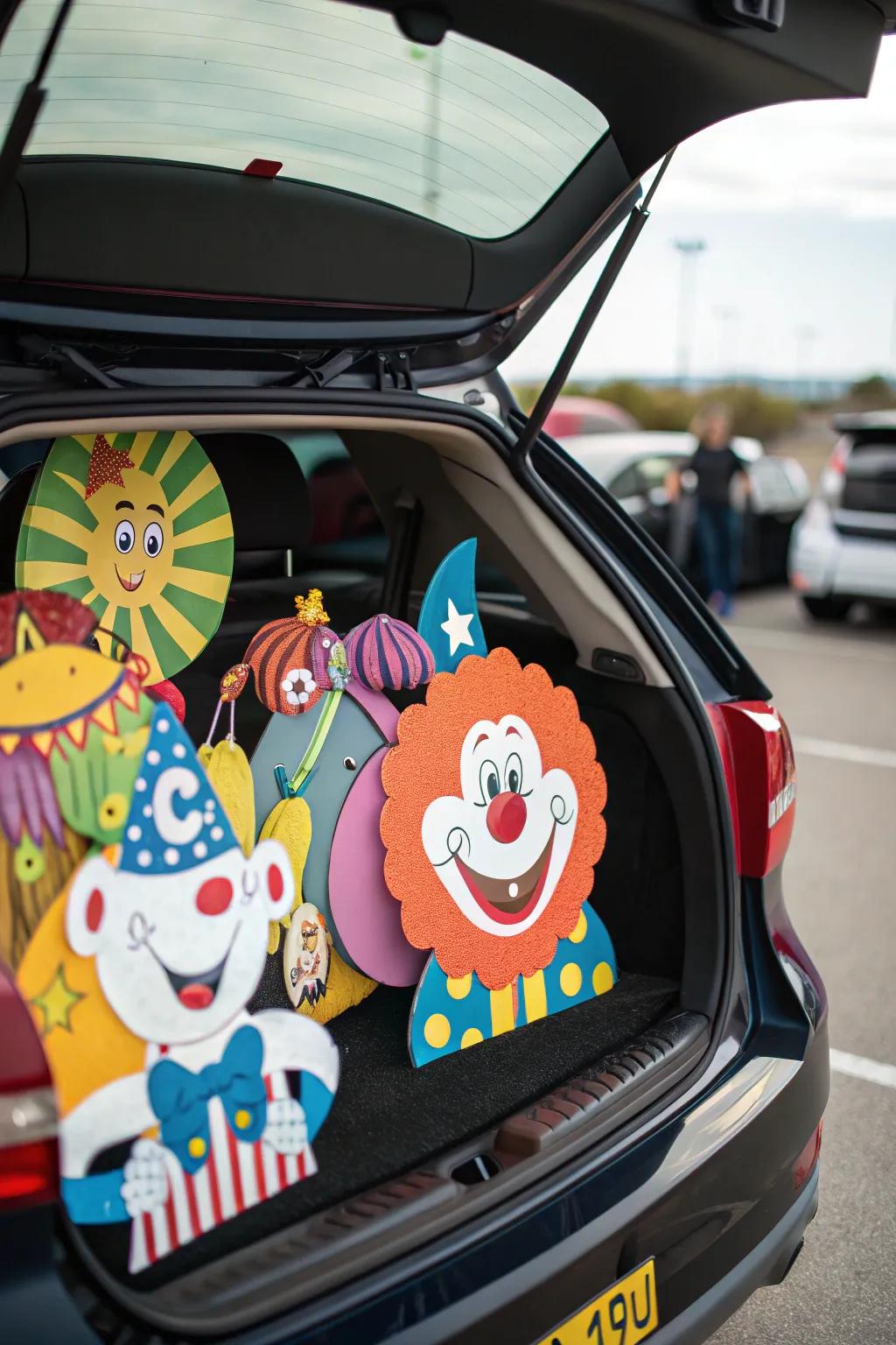 A playful trunk with character cutouts, adding personality to the carnival theme.