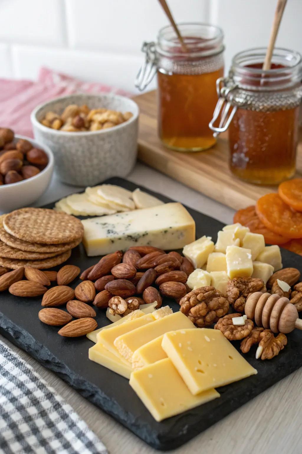 A nut-centered charcuterie arrangement design.