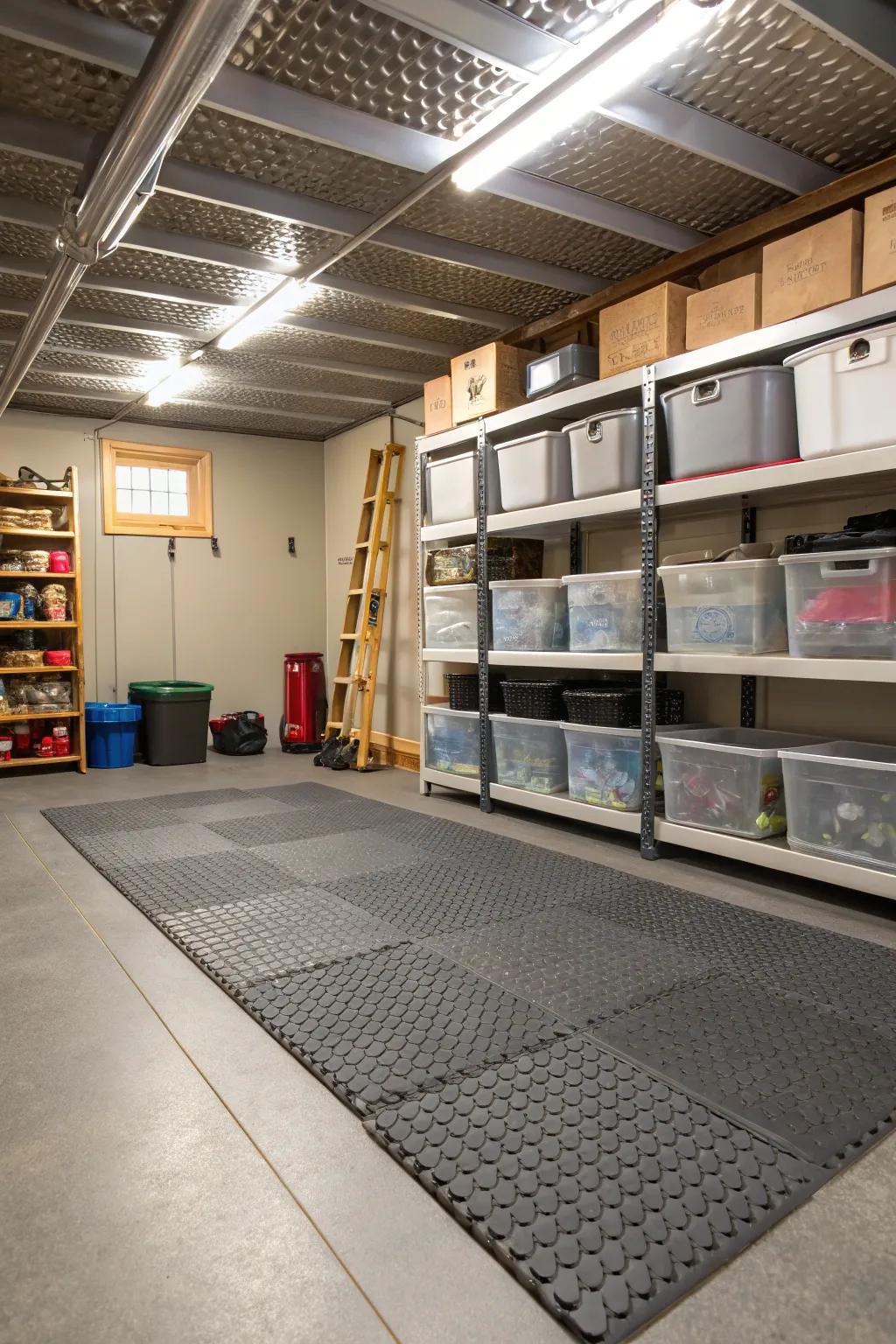 Interlocking mats provide a flexible and easy-to-install flooring solution for storage areas.