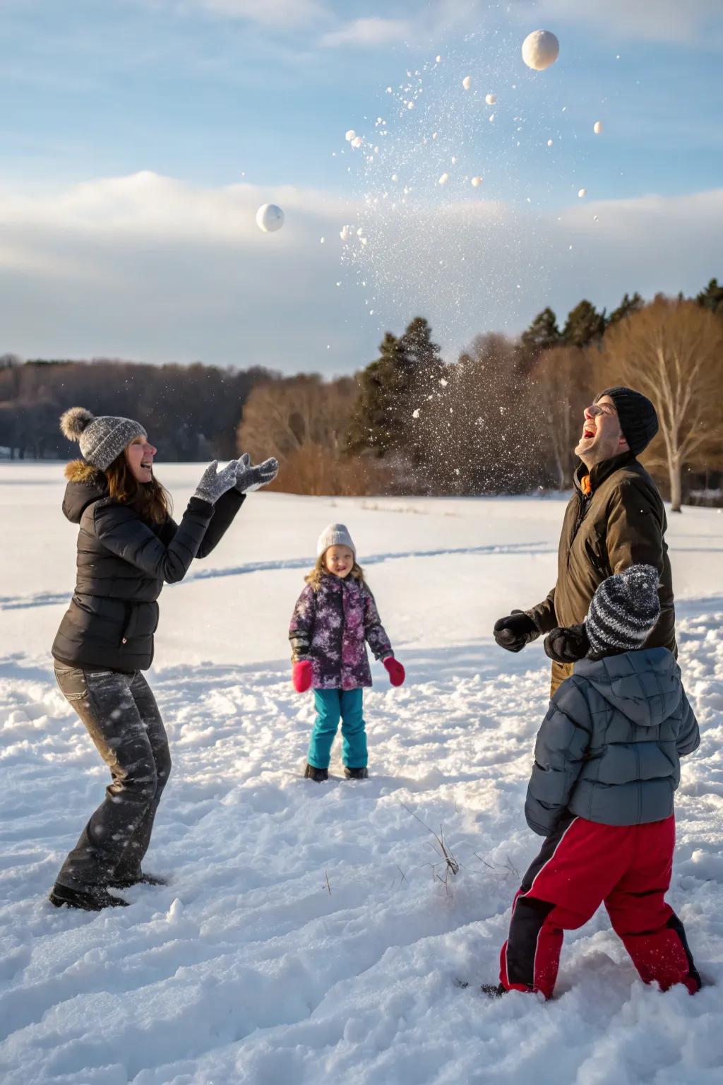 A snowball fight brings out laughter in family photos.