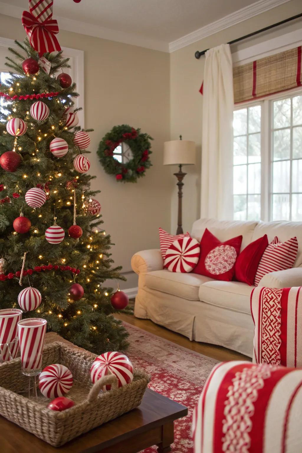 Peppermint pathway with sweet Christmas ornaments.