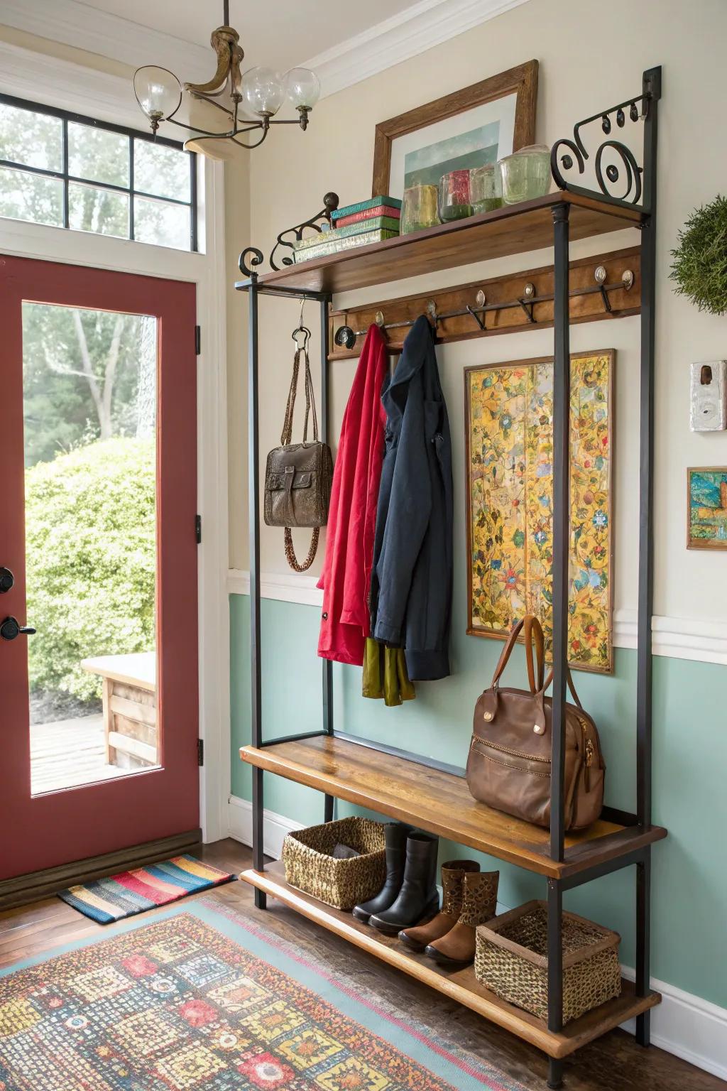 An eclectic coat rack displaying a vibrant combination of materials for an energetic appearance.