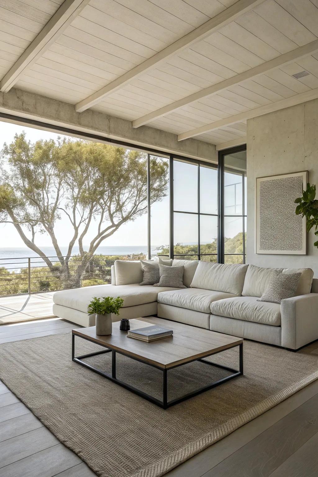 A low-profile coffee table enhances the spaciousness of a minimalist living room.