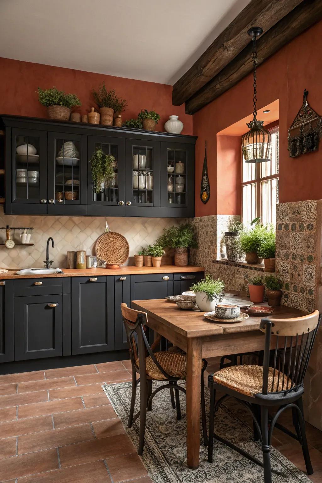 Dark cabinets set against terracotta walls for a warm and inviting kitchen ambiance.