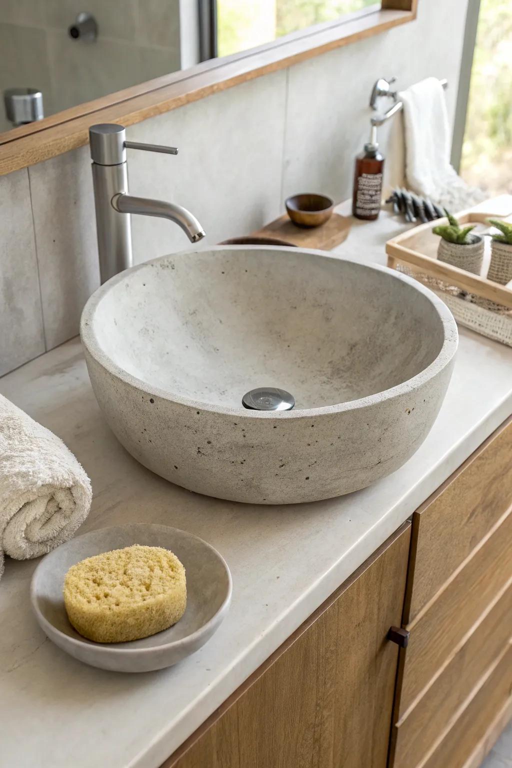 Vessel-style concrete sink on a countertop.