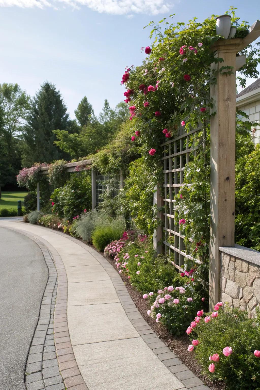 Vertical gardens establishing lush verdure along a driveway boundary.