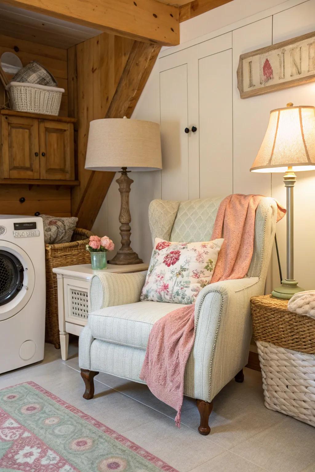 A seating nook adds comfort and warmth to your laundry room.