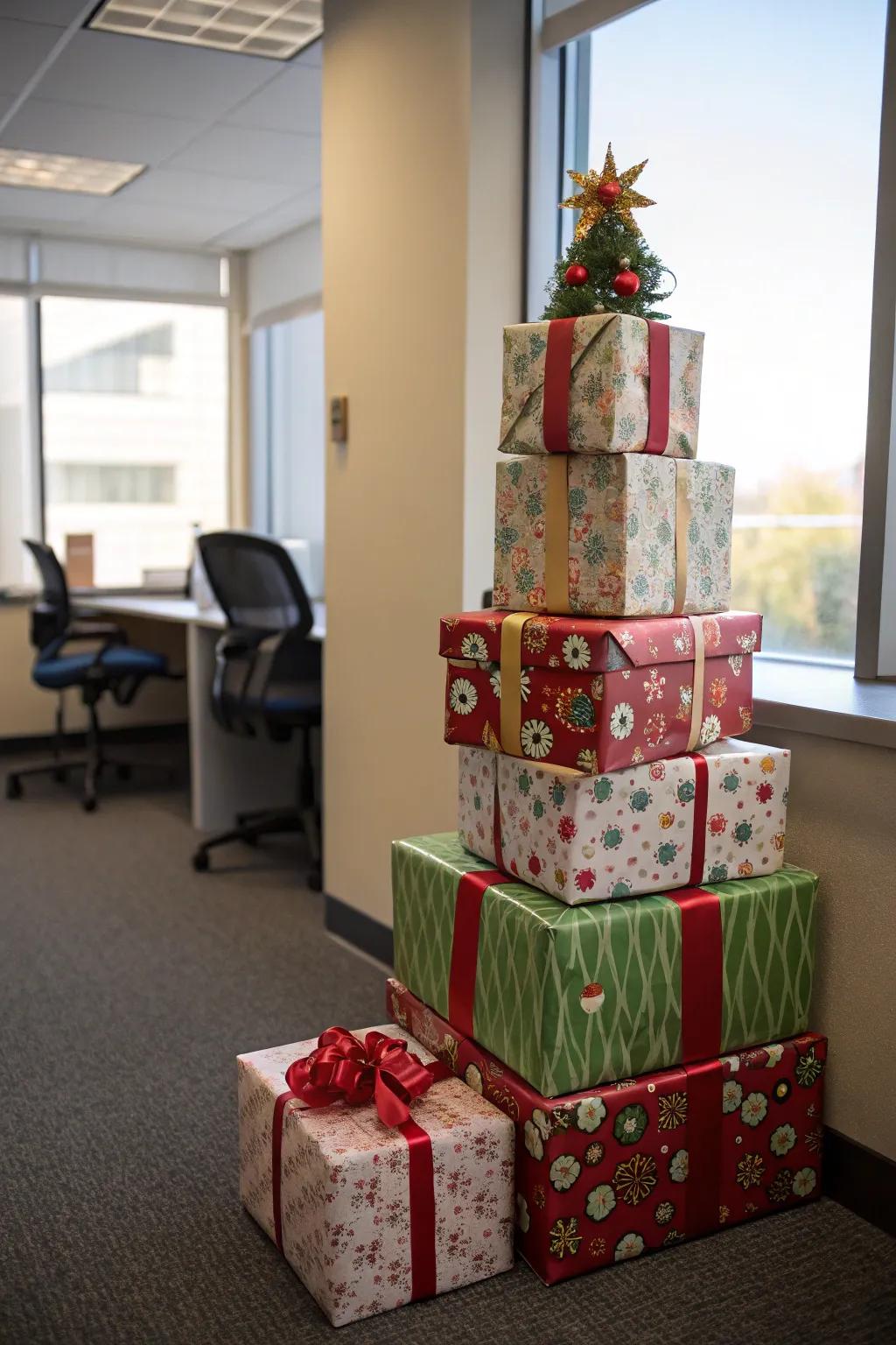 A tower of gift boxes adds festive flair to the office.