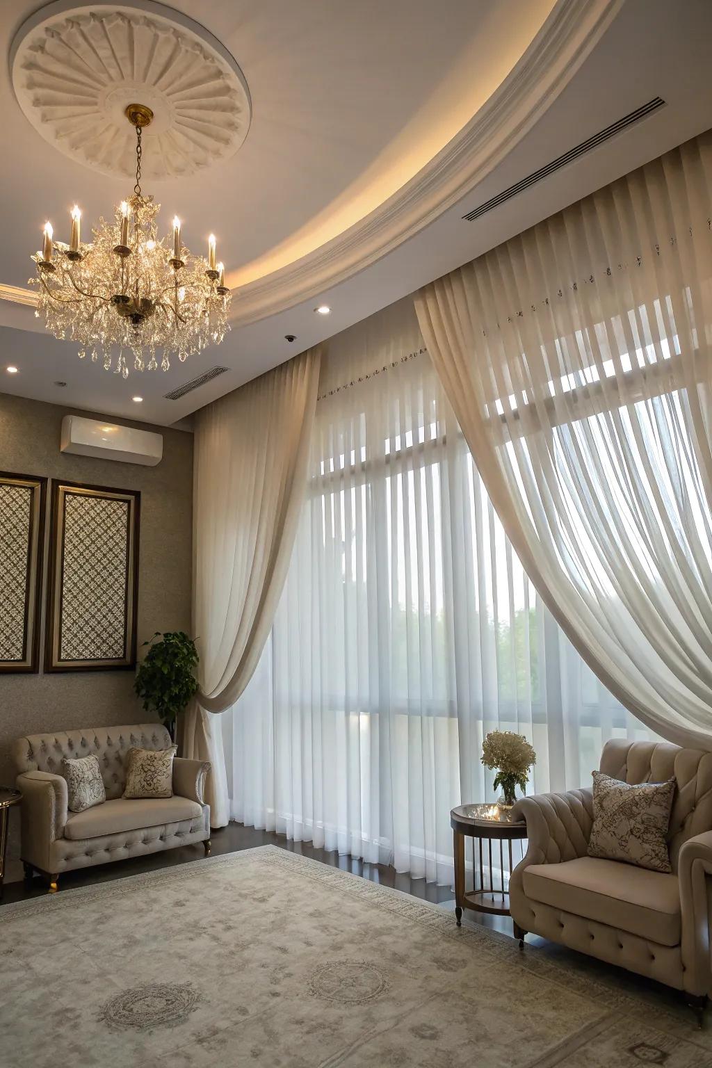 Ceiling-mounted sheer curtains add elegance and drama.