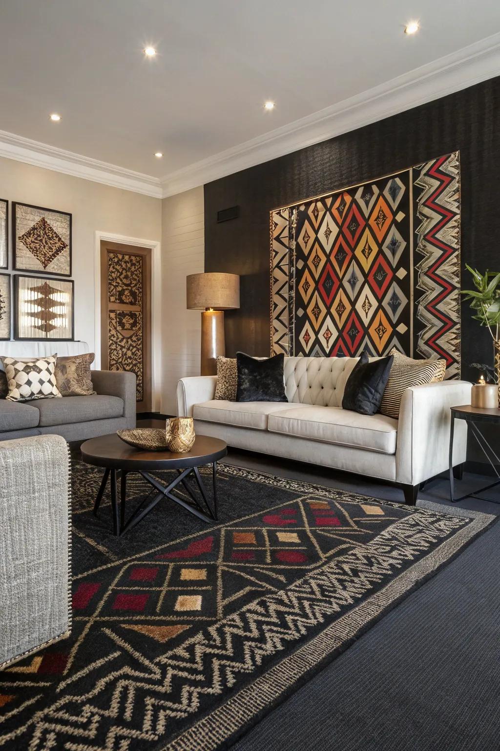 Geometric patterns add dynamic interest to a dark carpeted room.