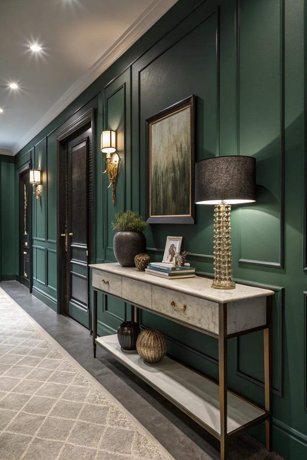 A side table adds function and style to the hallway.