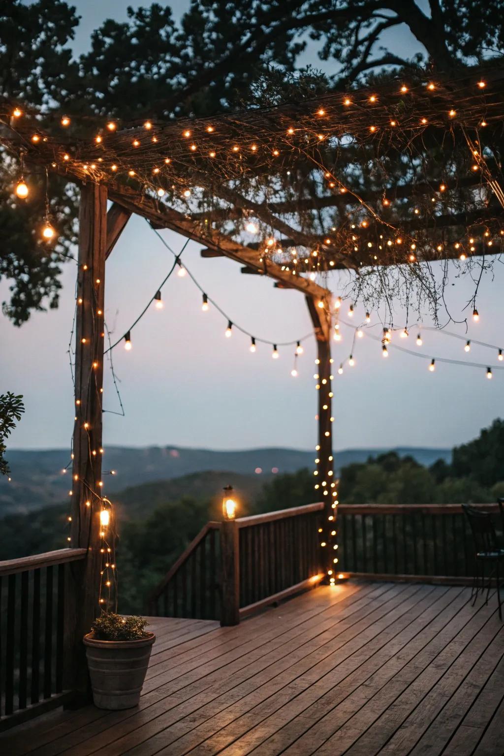 A string light canopy transforms your deck into an enchanting retreat.