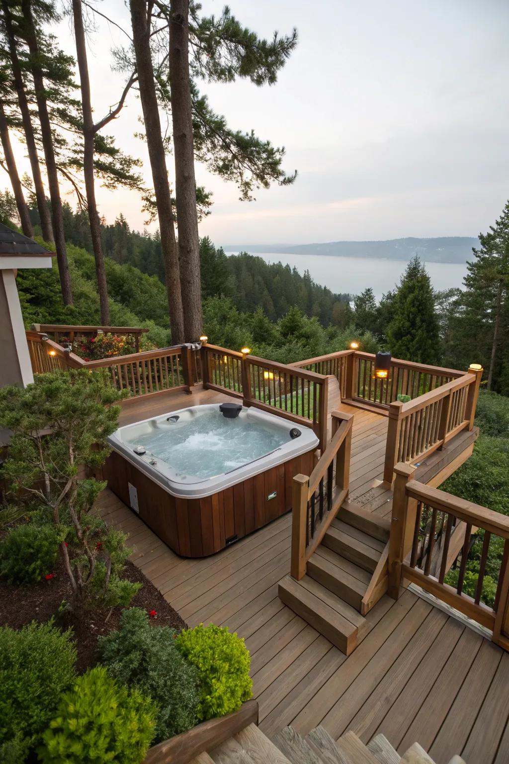 Multi-level decking adds dimension to the hot tub space.