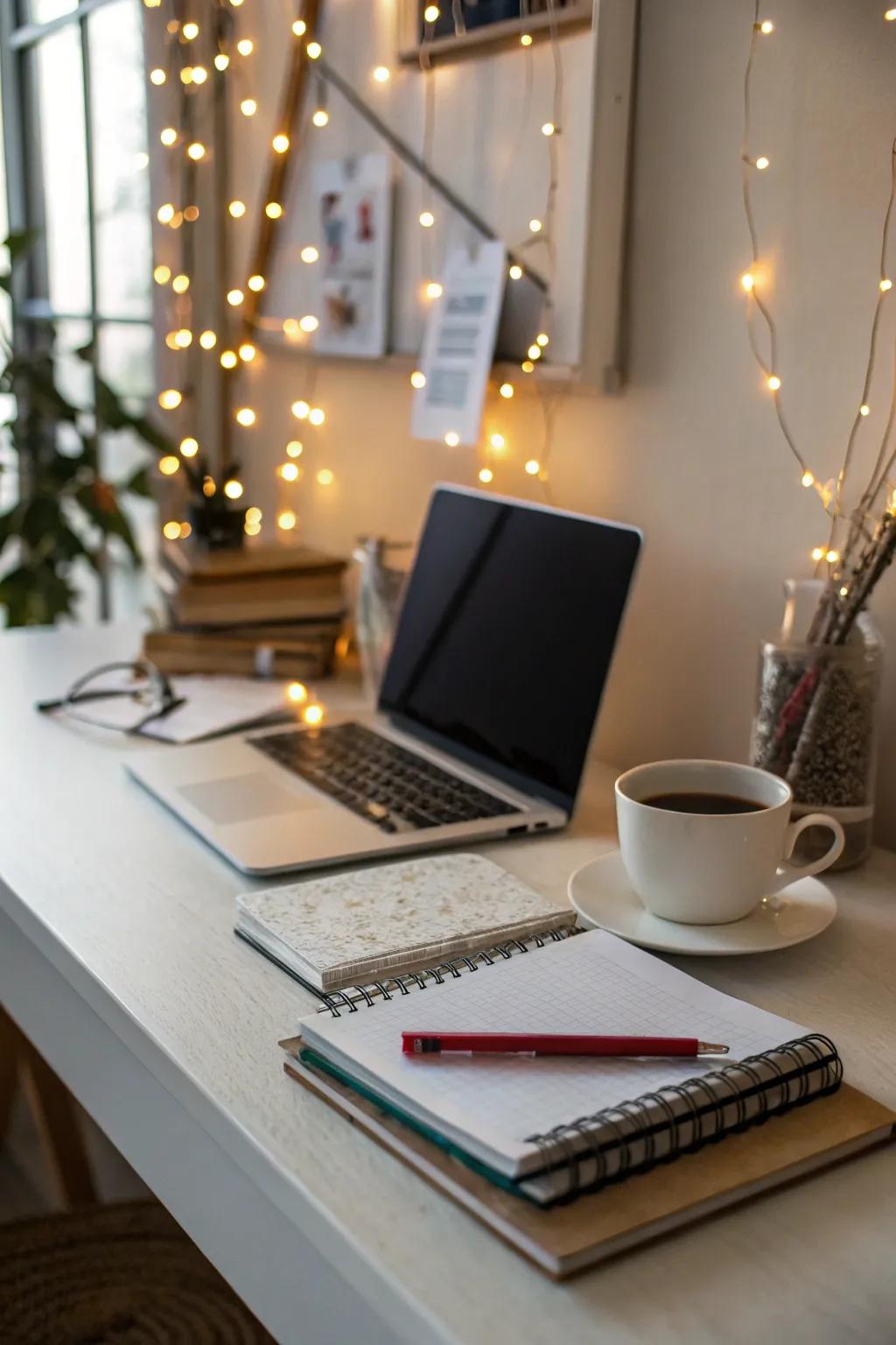 String lights adding a magical glow to the workspace.