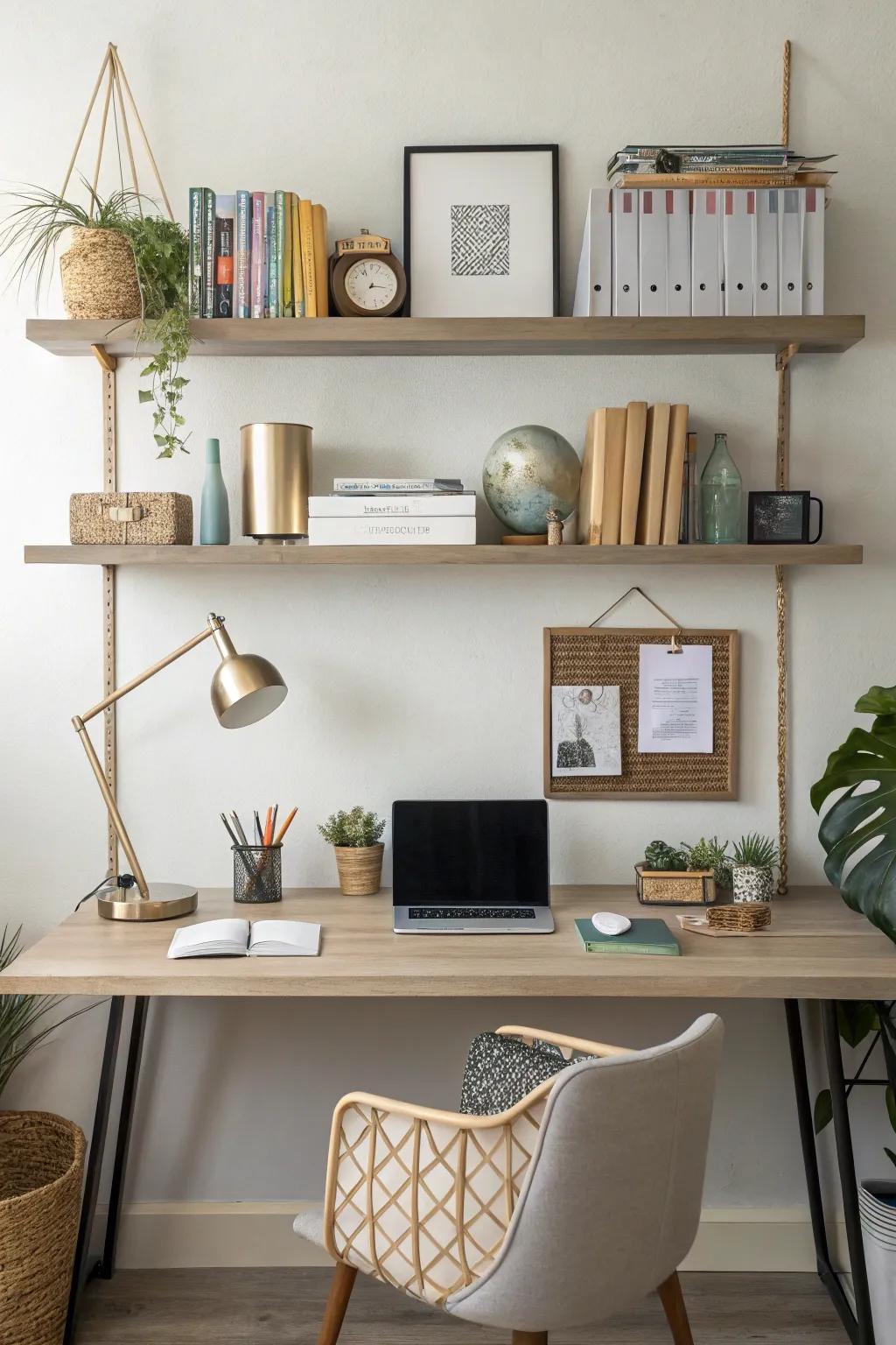 Floating shelves for a well-balanced workspace.